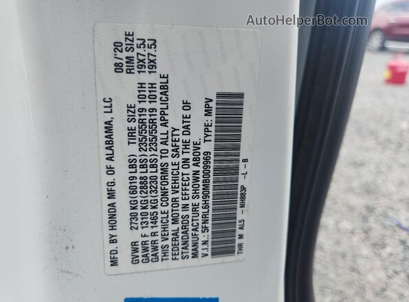 5FNRL6H90MB009969 2021 HONDA ODYSSEY White VIN კოდის სტიკერის ხედი