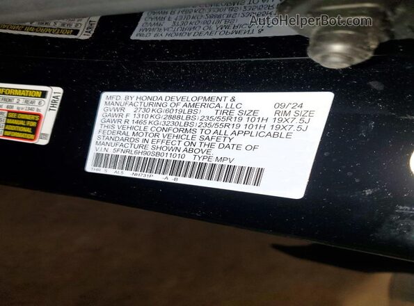5FNRL6H90SB011010 2025 HONDA ODYSSEY Silver Вид наклейки з VIN-кодом