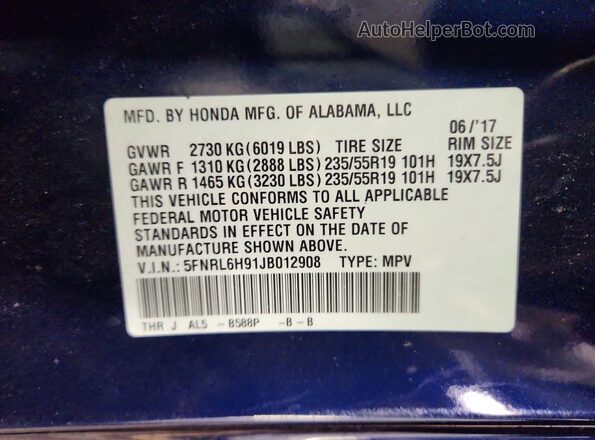 5FNRL6H91JB012908 2018 HONDA ODYSSEY Blue Вид наклейки з VIN-кодом