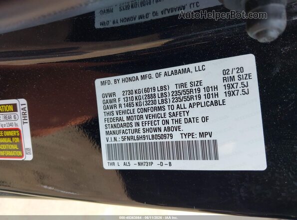 5FNRL6H91LB050979 2020 HONDA ODYSSEY Black ძრავის განყოფილების ხედი