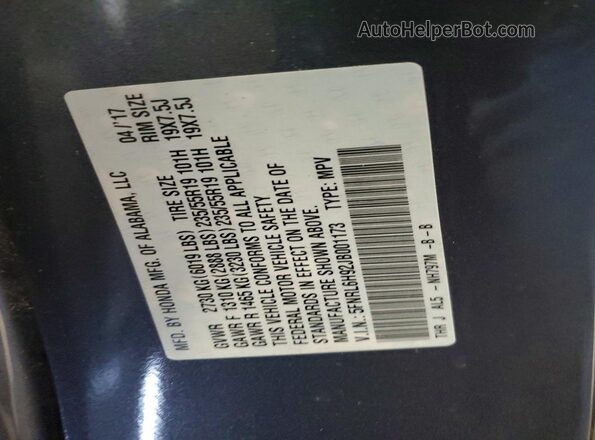 5FNRL6H92JB001173 2018 HONDA ODYSSEY Gray VIN კოდის სტიკერის ხედი