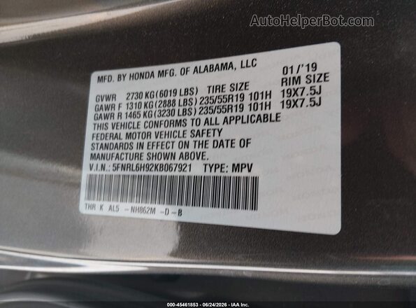 5FNRL6H92KB067921 2019 HONDA ODYSSEY Серый Вид подкапотного пространства