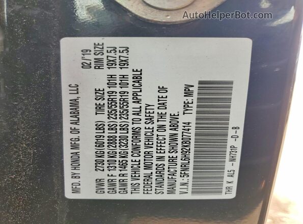 5FNRL6H92KB077414 2019 HONDA ODYSSEY Black VIN կոդի պիտակի տեսք