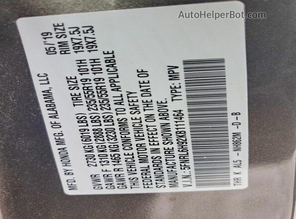 5FNRL6H92KB111464 2019 HONDA ODYSSEY Tan VIN sticker view