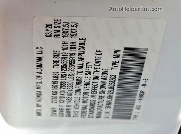 5FNRL6H92LB058203 2020 HONDA ODYSSEY White Engine compartment view