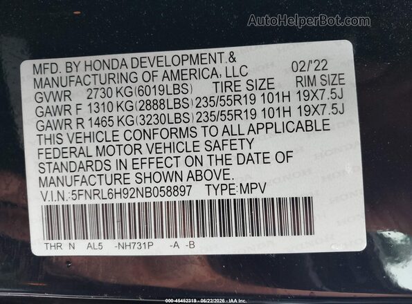 5FNRL6H92NB058897 2022 HONDA ODYSSEY Черный Вид подкапотного пространства