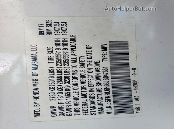 5FNRL6H93JB047661 2018 HONDA ODYSSEY White 360 interior view