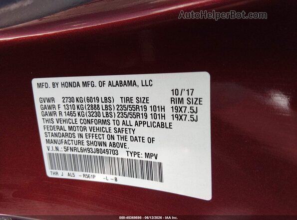 5FNRL6H93JB049703 2018 HONDA ODYSSEY Maroon ძრავის განყოფილების ხედი