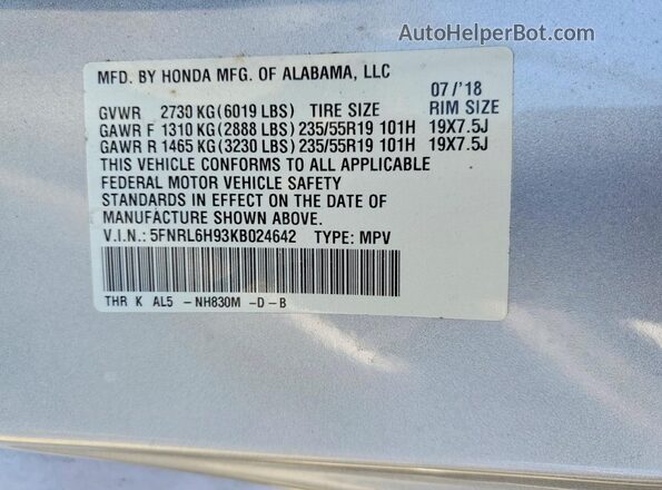5FNRL6H93KB024642 2019 HONDA ODYSSEY Gray VIN sticker view