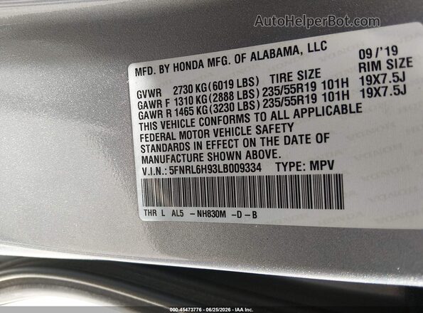 5FNRL6H93LB009334 2020 HONDA ODYSSEY Silver ძრავის განყოფილების ხედი
