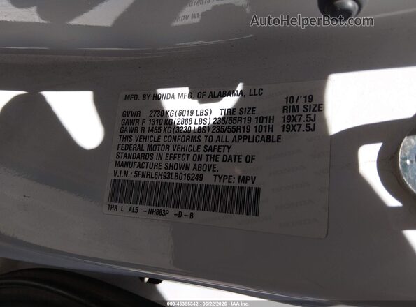 5FNRL6H93LB016249 2020 HONDA ODYSSEY White Widok komory silnika