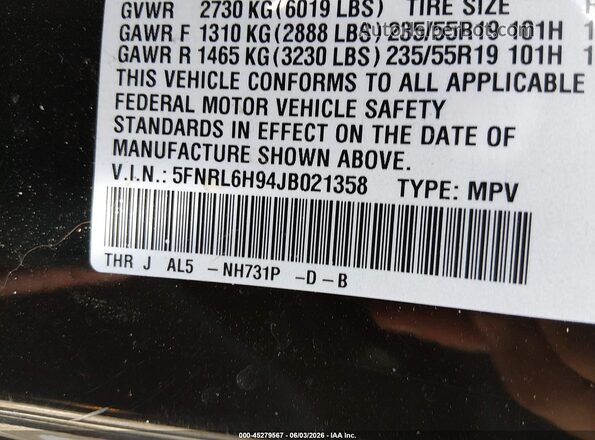 5FNRL6H94JB021358 2018 HONDA ODYSSEY Black Widok komory silnika