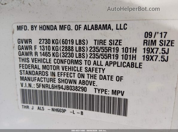 5FNRL6H94JB038290 2018 HONDA ODYSSEY White Շարժիչի բաժամունքի տեսք