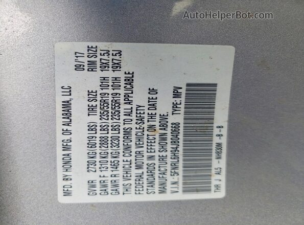 5FNRL6H94JB040668 2018 HONDA ODYSSEY Серебряный 