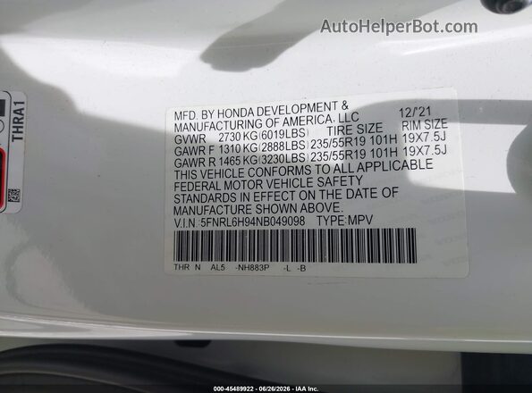 5FNRL6H94NB049098 2022 HONDA ODYSSEY White Widok komory silnika