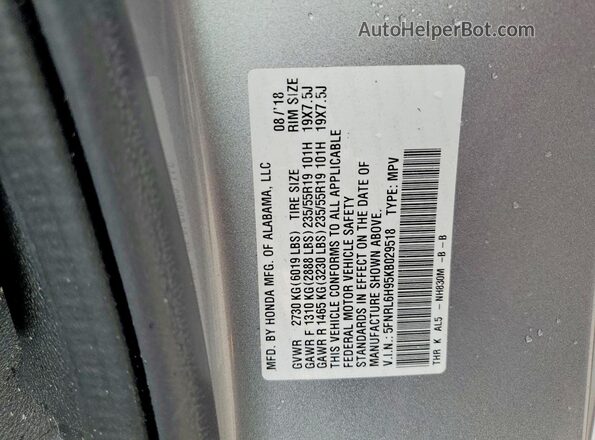5FNRL6H95KB029518 2019 HONDA ODYSSEY Silver 