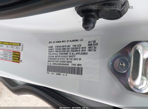 5FNRL6H95LB048345 2020 HONDA ODYSSEY White Вид підкапотного простору