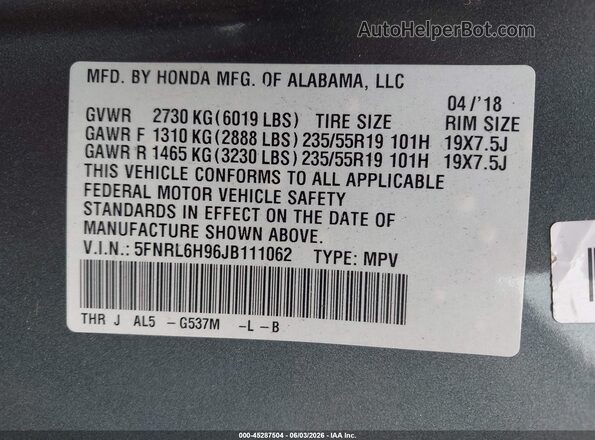 5FNRL6H96JB111062 2018 HONDA ODYSSEY Gray Vista del compartimento del motor