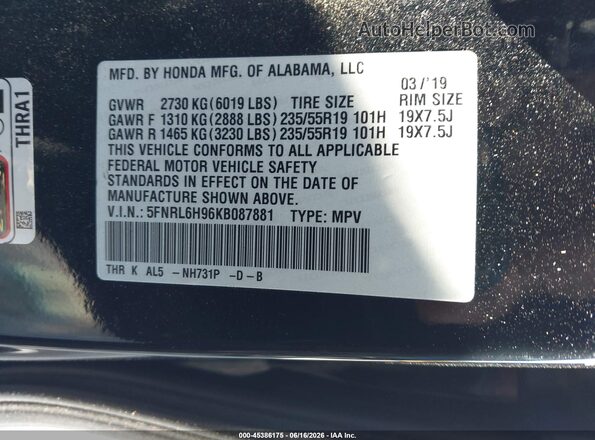 5FNRL6H96KB087881 2019 HONDA ODYSSEY Черный Вид подкапотного пространства