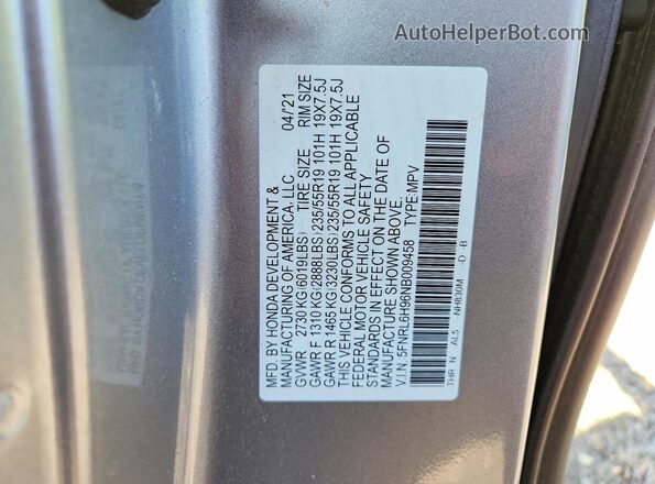 5FNRL6H96NB009458 2022 HONDA ODYSSEY Silver VIN sticker view