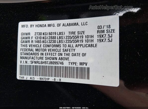 5FNRL6H97JB099746 2018 HONDA ODYSSEY Black Widok komory silnika