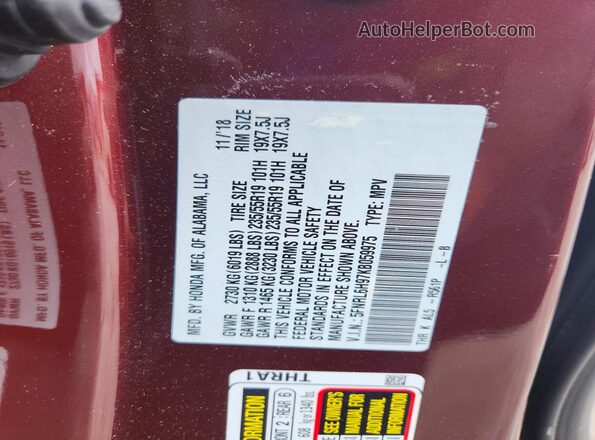 5FNRL6H97KB059975 2019 HONDA ODYSSEY Burgundy Vista de la etiqueta del VIN