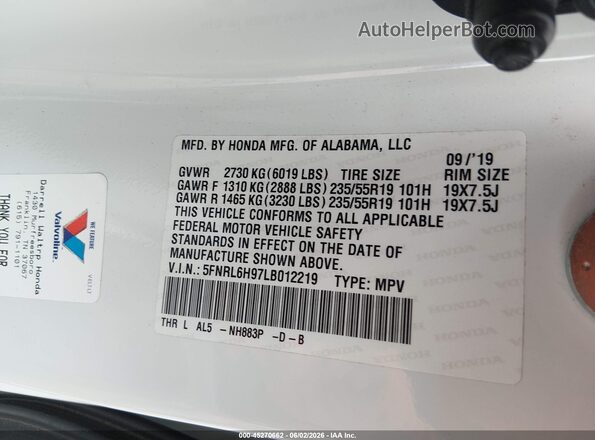5FNRL6H97LB012219 2020 HONDA ODYSSEY White Widok komory silnika