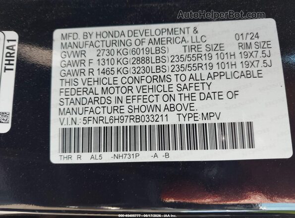 5FNRL6H97RB033211 2024 HONDA ODYSSEY Black Vista del compartimento del motor