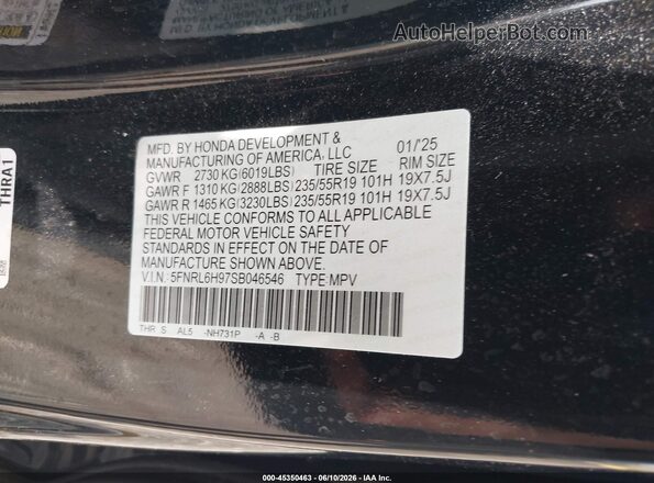 5FNRL6H97SB046546 2025 HONDA ODYSSEY Black Engine compartment view