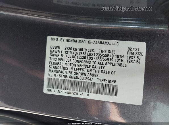 5FNRL6H98NB002947 2022 HONDA ODYSSEY Gray Vista del compartimento del motor