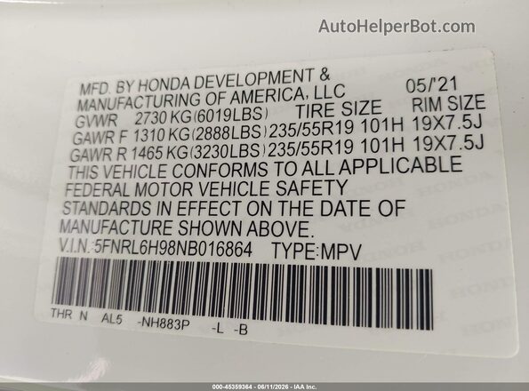 5FNRL6H98NB016864 2022 HONDA ODYSSEY White Вид підкапотного простору
