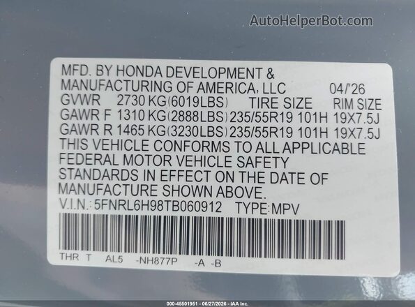 5FNRL6H98TB060912 2026 HONDA ODYSSEY Blue Вид підкапотного простору