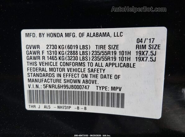 5FNRL6H99JB000747 2018 HONDA ODYSSEY Черный Вид подкапотного пространства