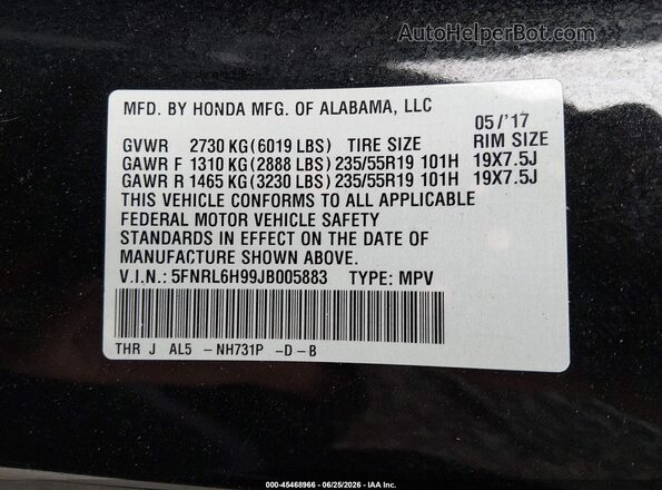 5FNRL6H99JB005883 2018 HONDA ODYSSEY Black Вид підкапотного простору