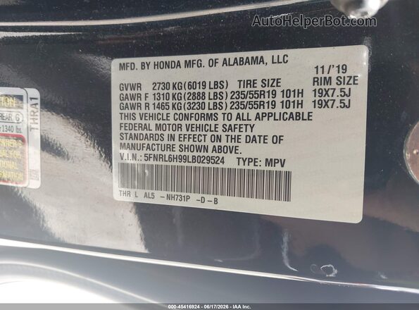 5FNRL6H99LB029524 2020 HONDA ODYSSEY Black Widok komory silnika