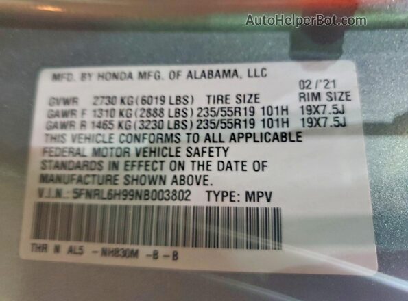 5FNRL6H99NB003802 2022 HONDA ODYSSEY Silver 
