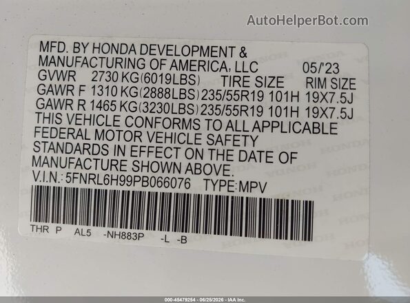 5FNRL6H99PB066076 2023 HONDA ODYSSEY White Widok komory silnika