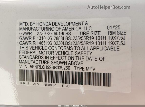 5FNRL6H99SB039260 2025 HONDA ODYSSEY White ძრავის განყოფილების ხედი
