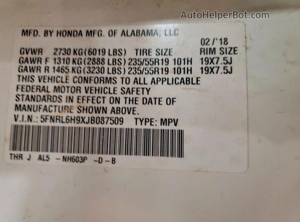5FNRL6H9XJB087509 2018 HONDA ODYSSEY White Vista de la etiqueta del VIN