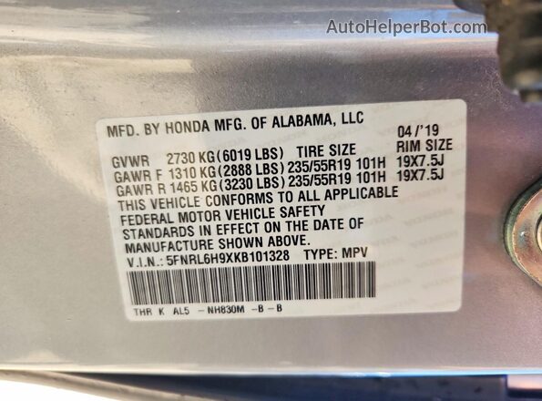 5FNRL6H9XKB101328 2019 HONDA ODYSSEY Silver Սալոնի 360 աստիճան տեսք