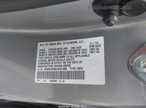 5FNRL6H9XLB031069 2020 HONDA ODYSSEY Silver Widok komory silnika