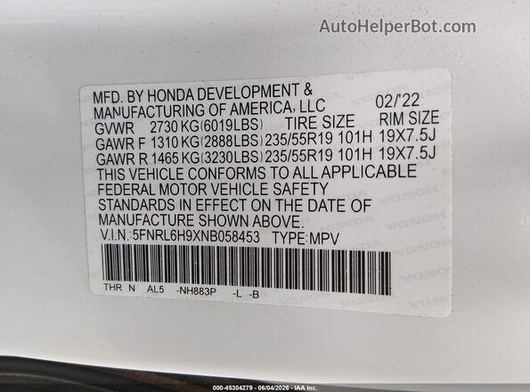 5FNRL6H9XNB058453 2022 HONDA ODYSSEY White Widok komory silnika