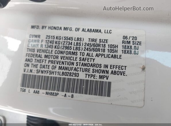 5FNYF5H11LB028293 2020 HONDA PILOT White Вид підкапотного простору
