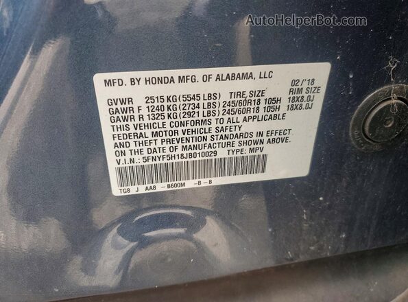 5FNYF5H18JB010029 2018 HONDA PILOT Blue Engine compartment view