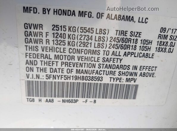 5FNYF5H19HB038593 2017 HONDA PILOT Белый Вид подкапотного пространства