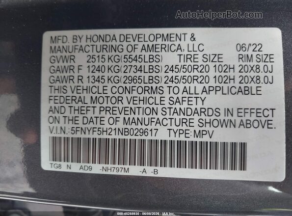 5FNYF5H21NB029617 2022 HONDA PILOT Gray Vista del compartimento del motor