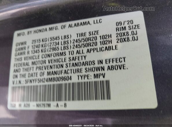 5FNYF5H24MB009604 2021 HONDA PILOT Gray Vista del compartimento del motor