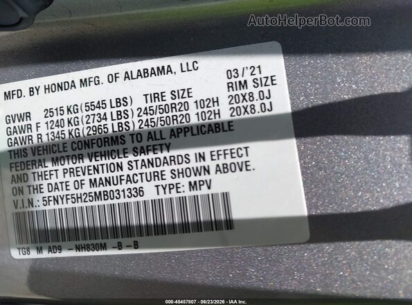 5FNYF5H25MB031336 2021 HONDA PILOT Silver Widok komory silnika