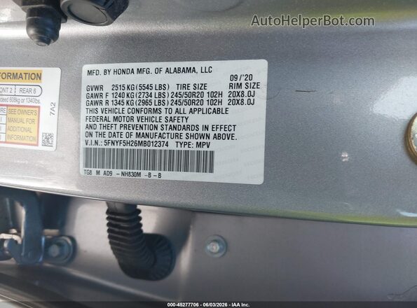 5FNYF5H26MB012374 2021 HONDA PILOT Серый Вид подкапотного пространства