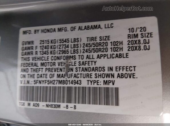 5FNYF5H27MB014943 2021 HONDA PILOT Silver ძრავის განყოფილების ხედი